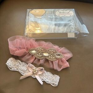 Icing Pink and White Garter Set with Rhinestones